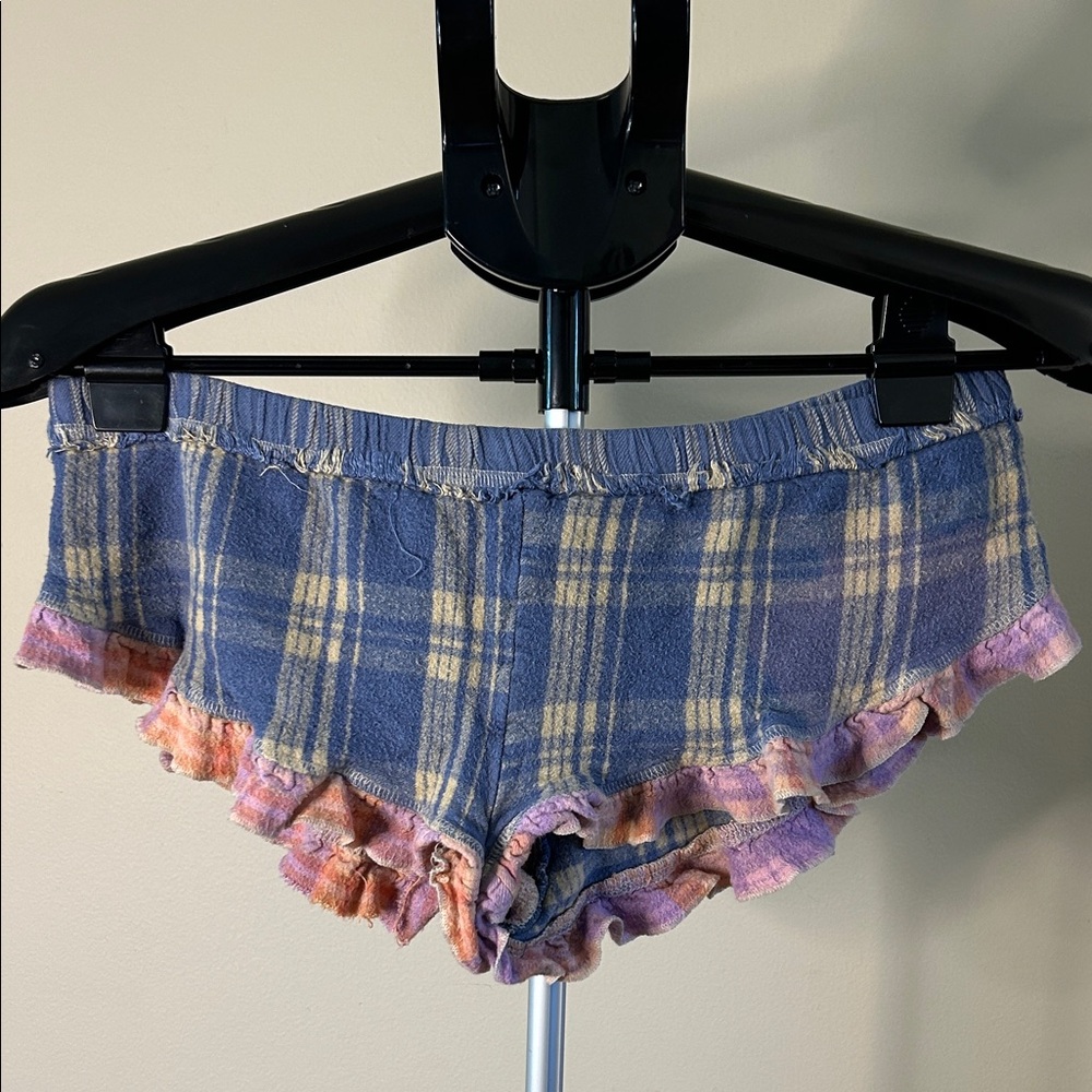 Plaid Ruffle Trim Pajama Shorts - Blue and Pink